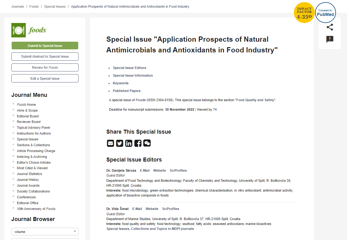 Members of our team are special issue editors in MDPI open-access special issue in Foods.